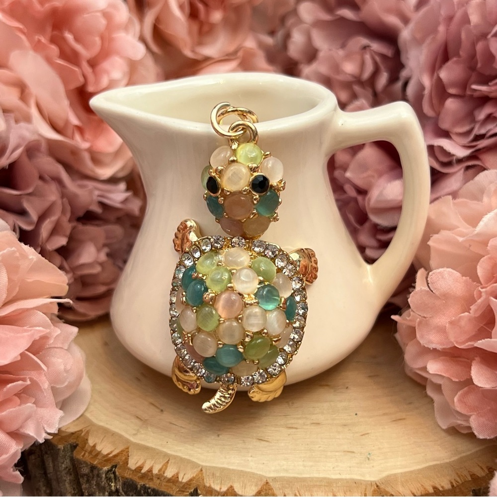 Gorgeous Crystal and Beaded Pastel Turtle Keychain Charm - Picture 2 of 16